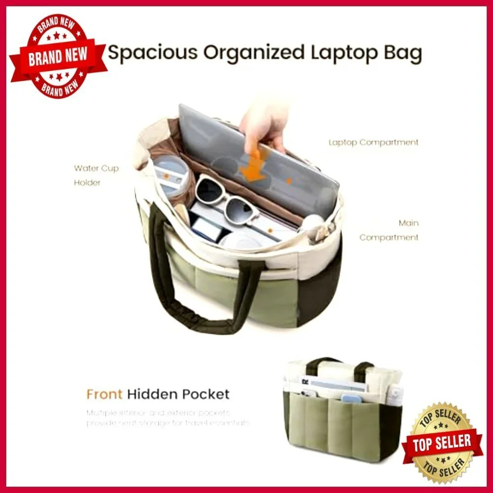Puffer Tote Bag with Zipper 15.6 Inch Laptop Compartment 14 Pockets